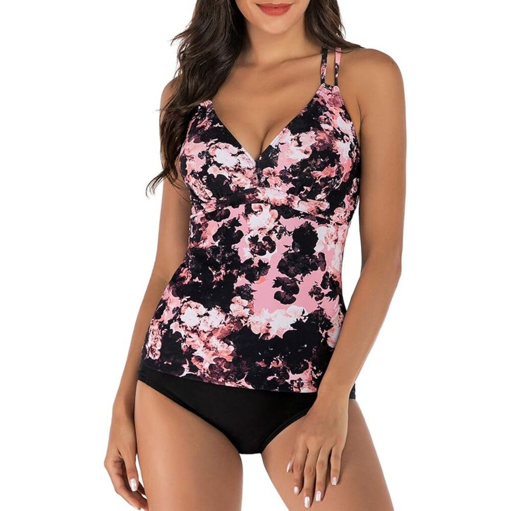 PHIBEE 2pc V-Neck Criss Cross Tankini Swimsuit Vintage Cutout Swimwear SZXL:NWOT